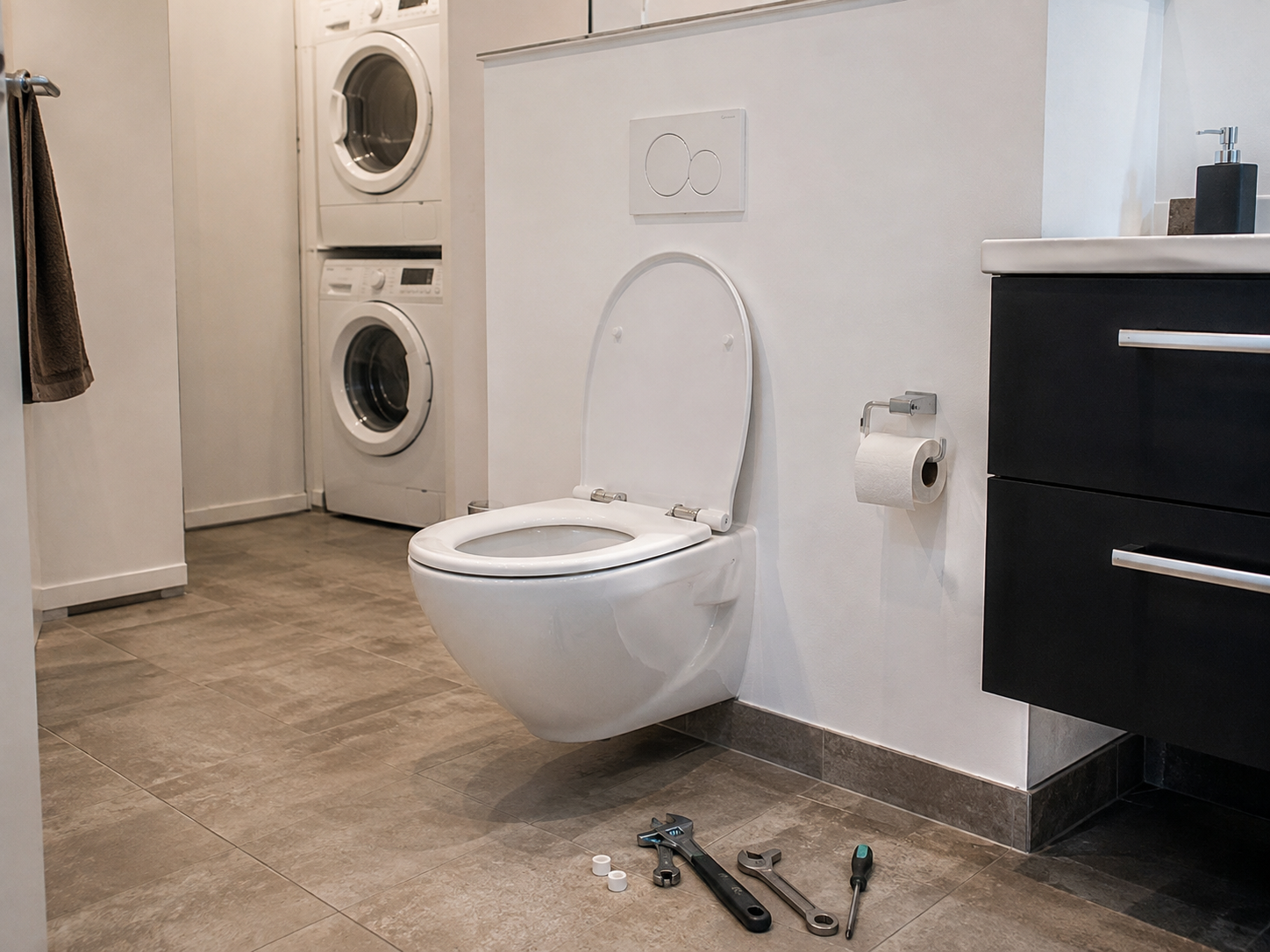 Wall-hung toilet with concealed cistern next to a stacked washer and dryer