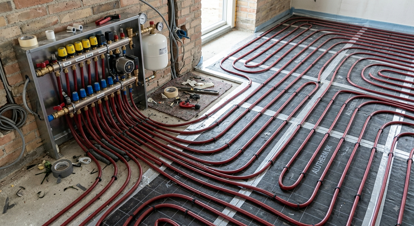 Underfloor heating loops laid on insulation with the manifold on the wall
