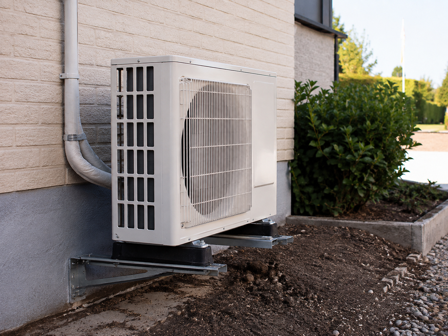 Heat pump outdoor unit mounted on a house wall
